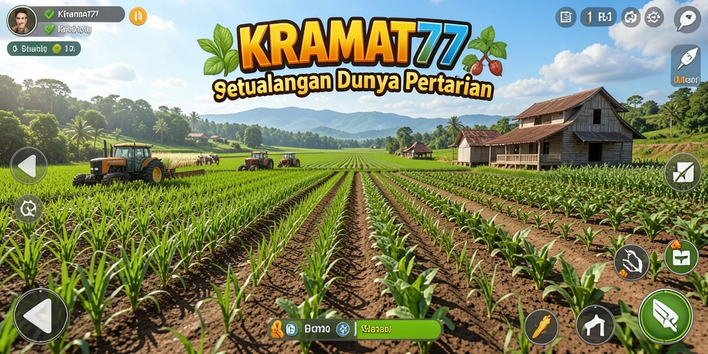 Tampilan gameplay seru KRAMAT77 dengan aktivitas bertani dan beternak.