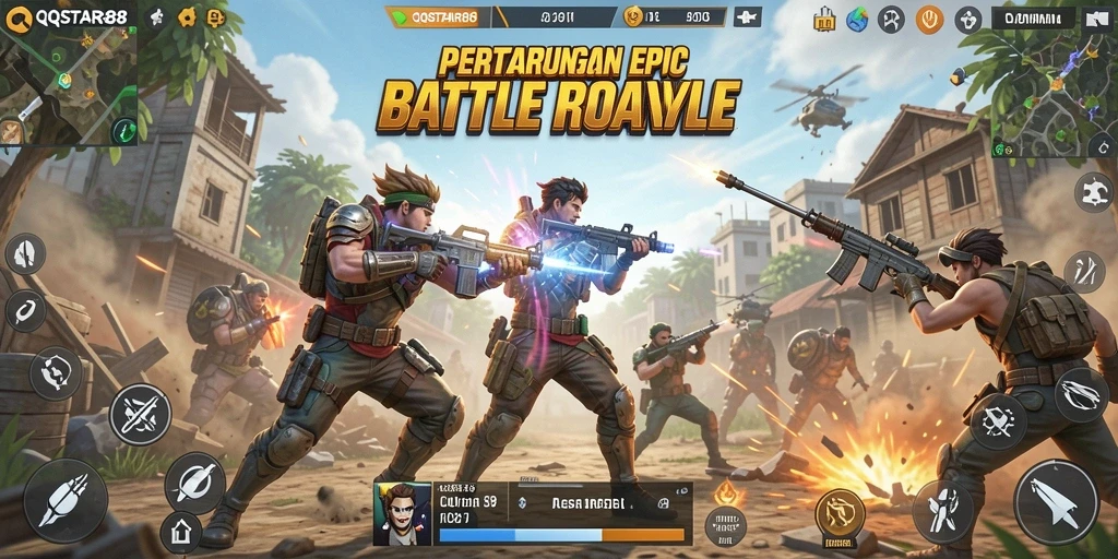 Screenshot utama gameplay QQSTAR88 Battle Royale penuh aksi.