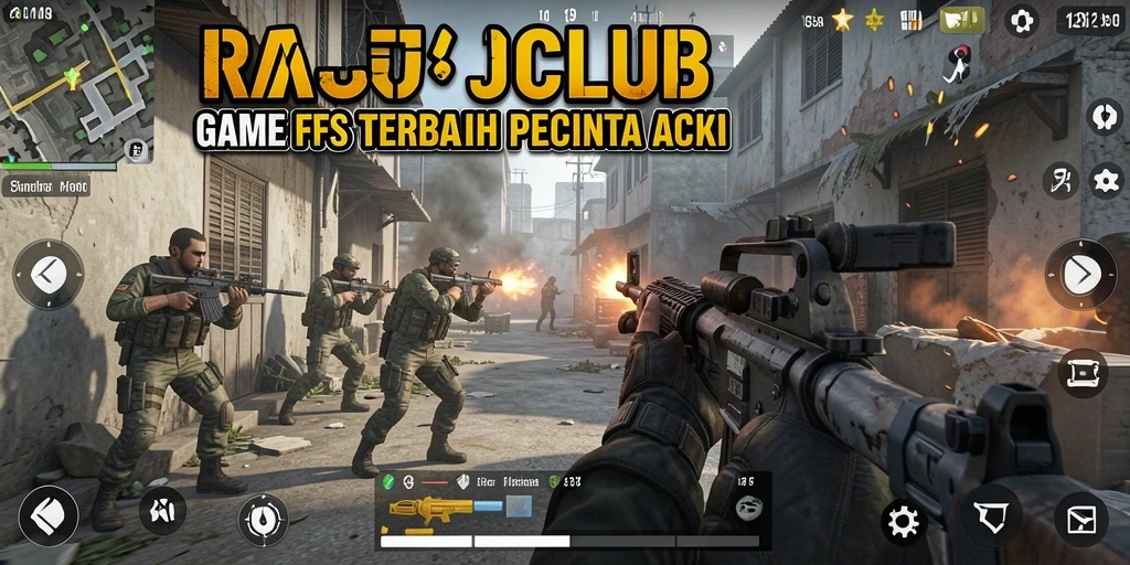 Tampilan gameplay menegangkan dari RAJACLUB dalam aksi tembak-menembak.