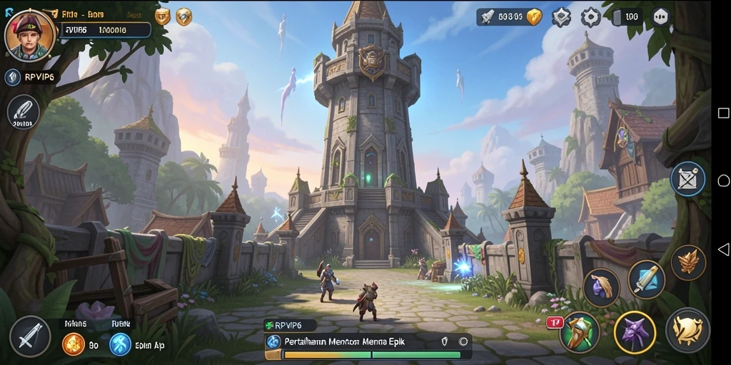 Tampilan gameplay RPVIP6 dengan menara pertahanan melawan gelombang musuh.