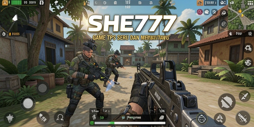 Screenshot utama SHE777 menampilkan aksi pertempuran intens di arena.