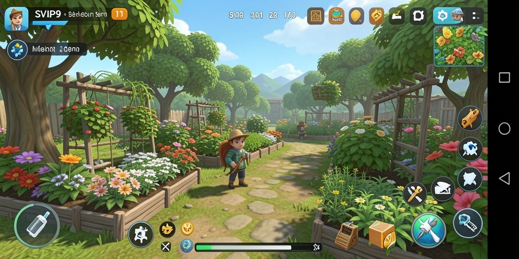 Tangkapan layar gameplay SVIP9 yang menggambarkan keseruan berkebun.